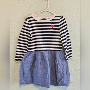 Gap Striped Navy, White, and Denim Dress With Heart Embellishment, Size 5 Girl